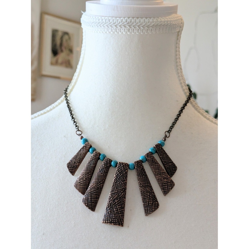 Copper Tone Bib Necklace With Abstract Geometric Panels Faux Turquoise Spacers